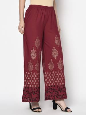 Rayon block print flared slip-on palazzo,maroon,(s,m,l,xl,2xl,3xl) 3