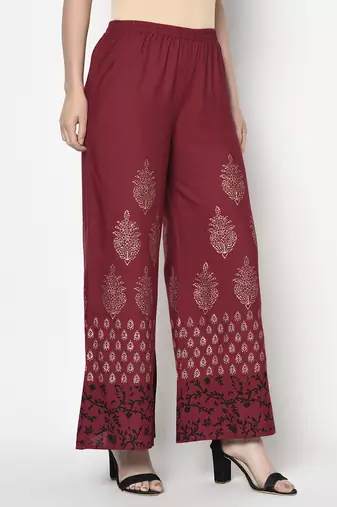 Rayon block print flared slip-on palazzo,maroon,(s,m,l,xl,2xl,3xl)