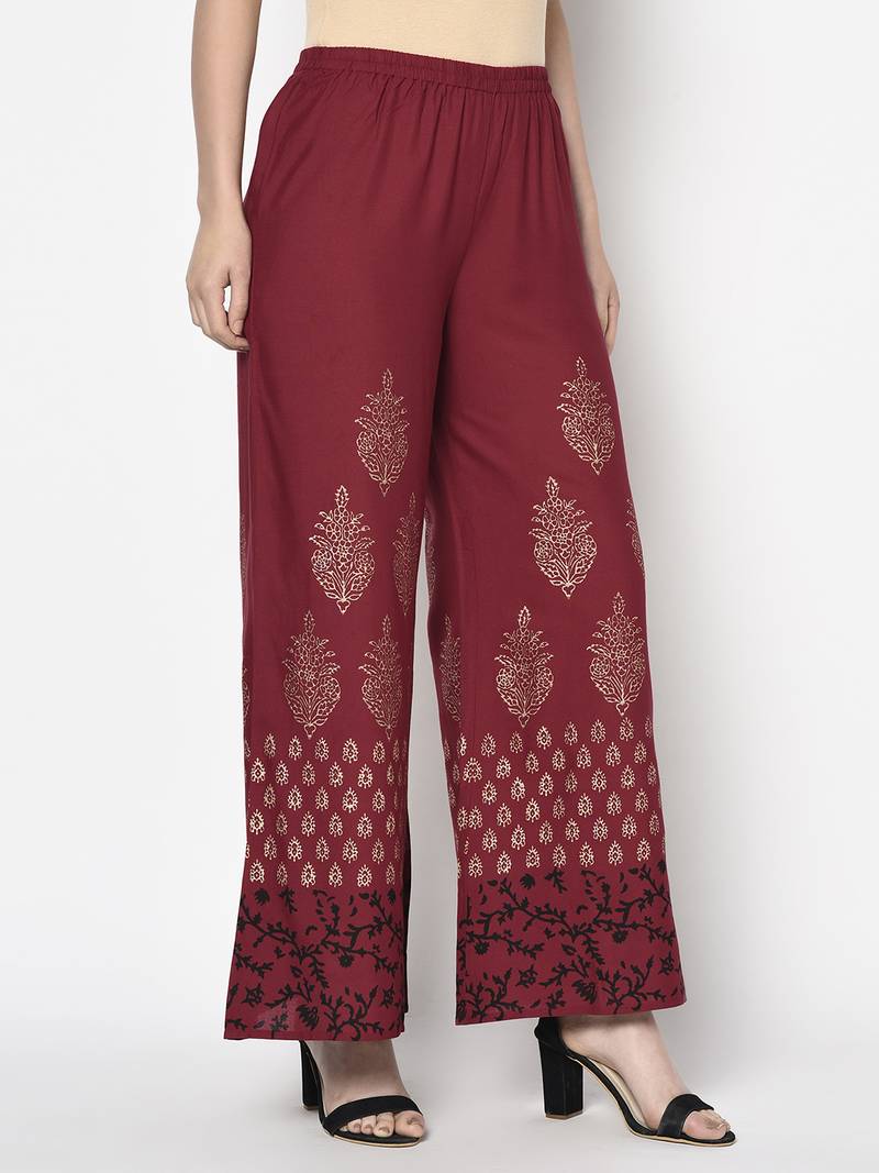 Rayon block print flared slip-on palazzo,maroon,(s,m,l,xl,2xl,3xl)