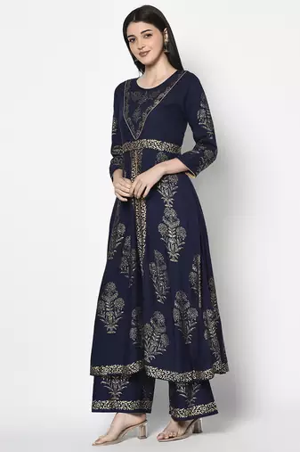 Rayon foil print anarkali kurta,navy blue,(s,m,l,xl,2xl,3xl)