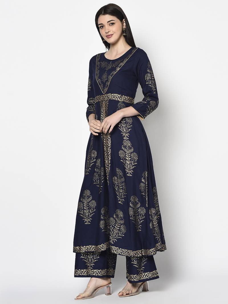 Rayon foil print anarkali kurta,navy blue,(s,m,l,xl,2xl,3xl)