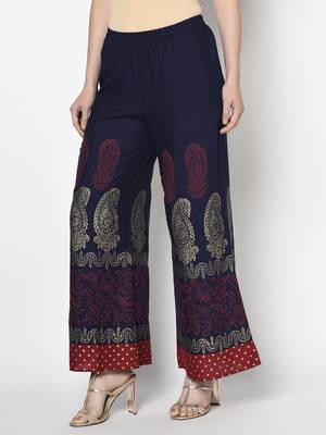 Rayon block print flared slip-on palazzo,navy blue,(s,m,l,xl,2xl,3xl) 2