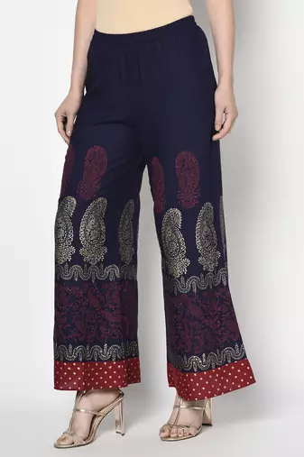 Rayon block print flared slip-on palazzo,navy blue,(s,m,l,xl,2xl,3xl)