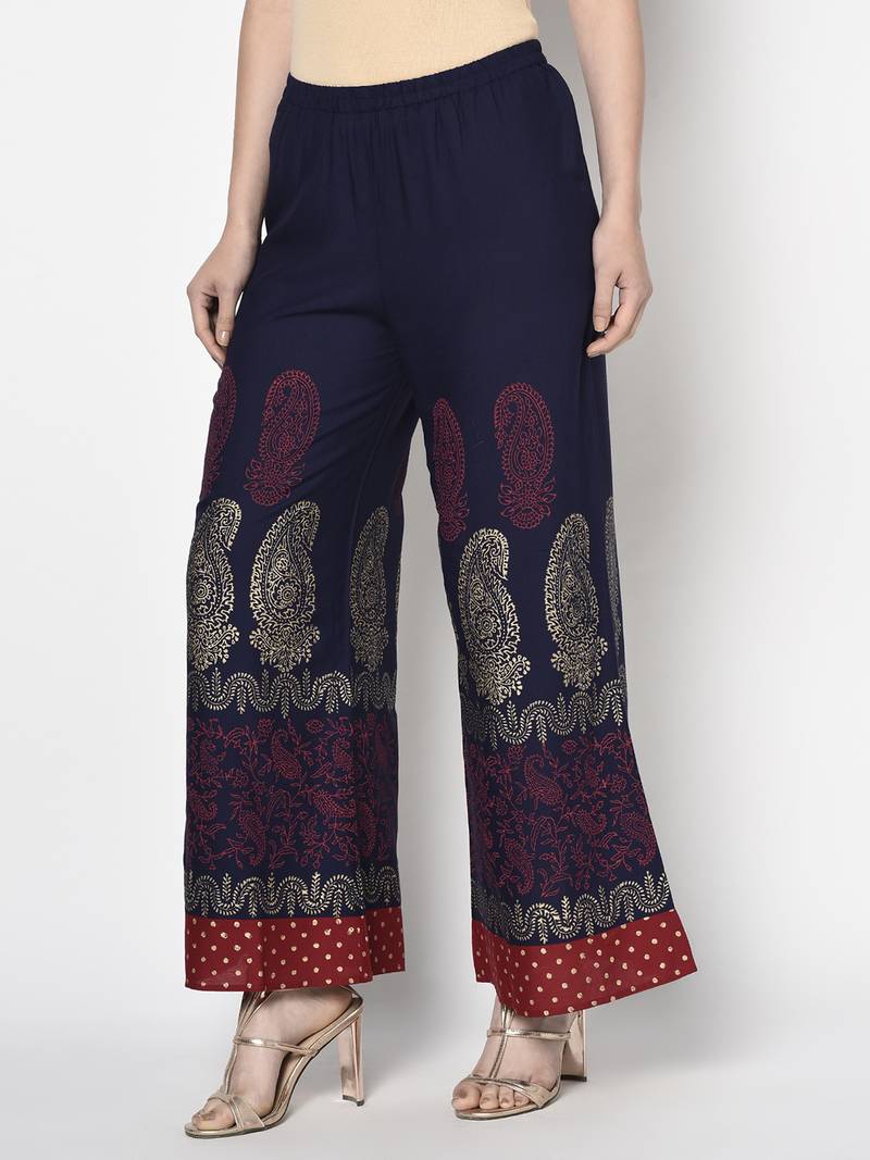 Rayon block print flared slip-on palazzo,navy blue,(s,m,l,xl,2xl,3xl)