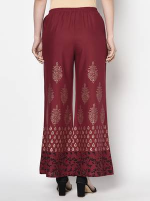 Rayon block print flared slip-on palazzo,maroon,(s,m,l,xl,2xl,3xl) 4