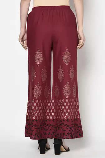 Rayon block print flared slip-on palazzo,maroon,(s,m,l,xl,2xl,3xl)