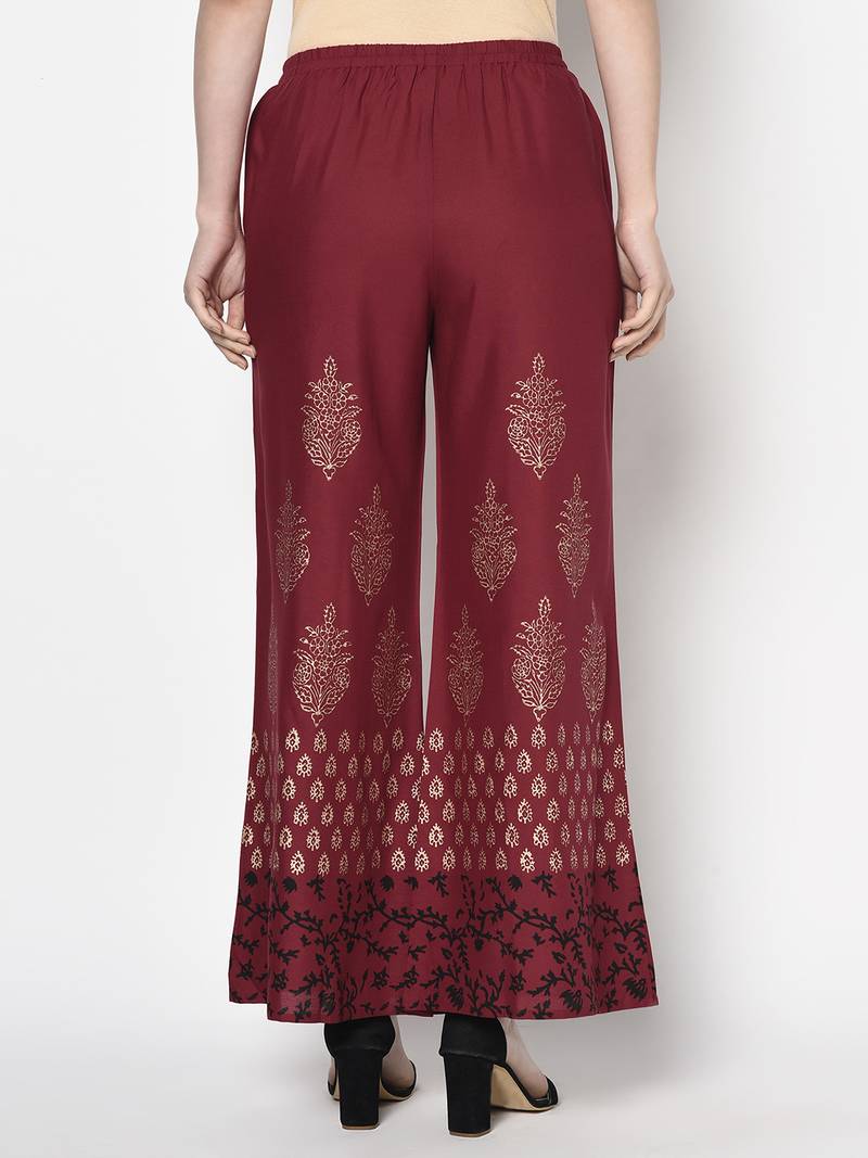 Rayon block print flared slip-on palazzo,maroon,(s,m,l,xl,2xl,3xl)