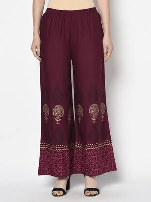 Rayon block print flared slip-on palazzo,wine,(s,m,l,xl,2xl,3xl) 1