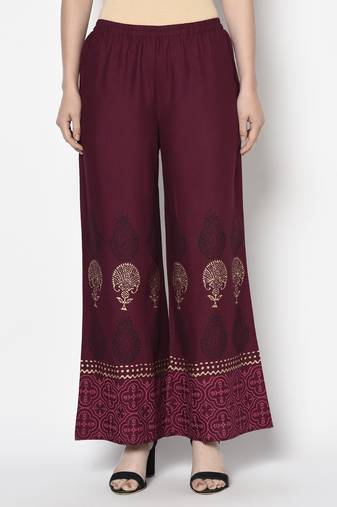 Rayon block print flared slip-on palazzo wine