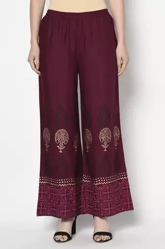 Rayon block print flared slip-on palazzo,wine,(s,m,l,xl,2xl,3xl)