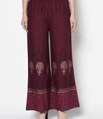 Rayon block print flared slip-on palazzo,wine,(s,m,l,xl,2xl,3xl)