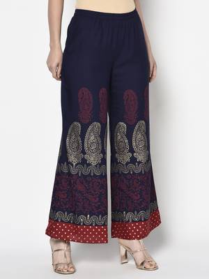 Rayon block print flared slip-on palazzo,navy blue,(s,m,l,xl,2xl,3xl) 3