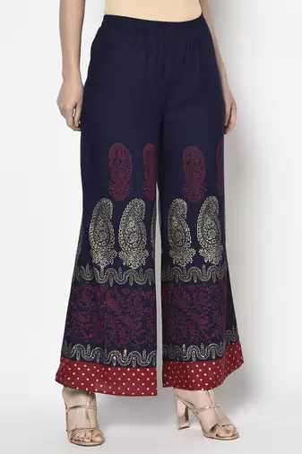 Rayon block print flared slip-on palazzo,navy blue,(s,m,l,xl,2xl,3xl)