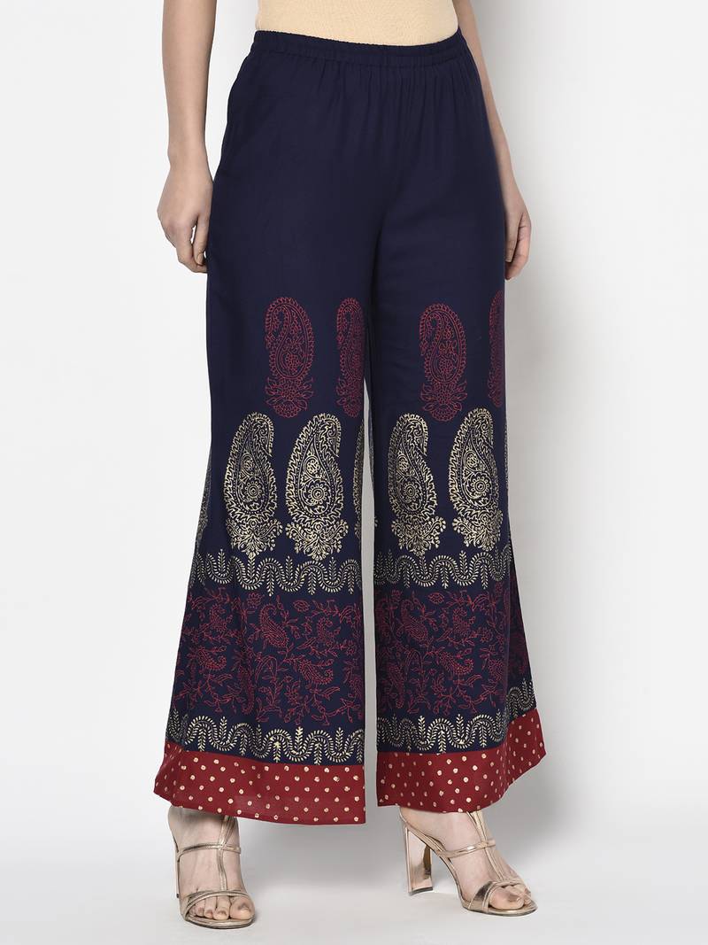 Rayon block print flared slip-on palazzo,navy blue,(s,m,l,xl,2xl,3xl)