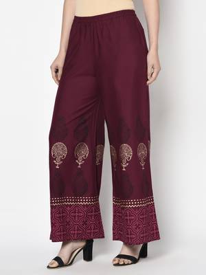 Rayon block print flared slip-on palazzo,wine,(s,m,l,xl,2xl,3xl) 2