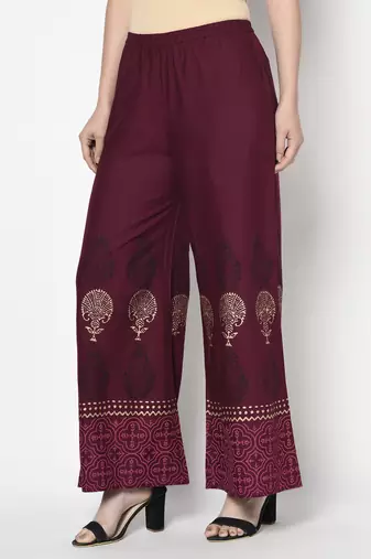 Rayon block print flared slip-on palazzo,wine,(s,m,l,xl,2xl,3xl)