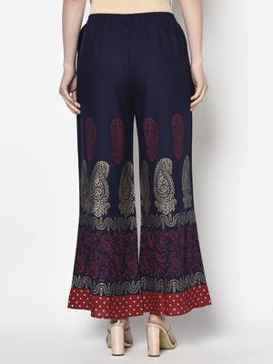 Rayon block print flared slip-on palazzo,navy blue,(s,m,l,xl,2xl,3xl) 4