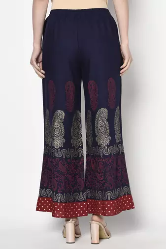 Rayon block print flared slip-on palazzo,navy blue,(s,m,l,xl,2xl,3xl)