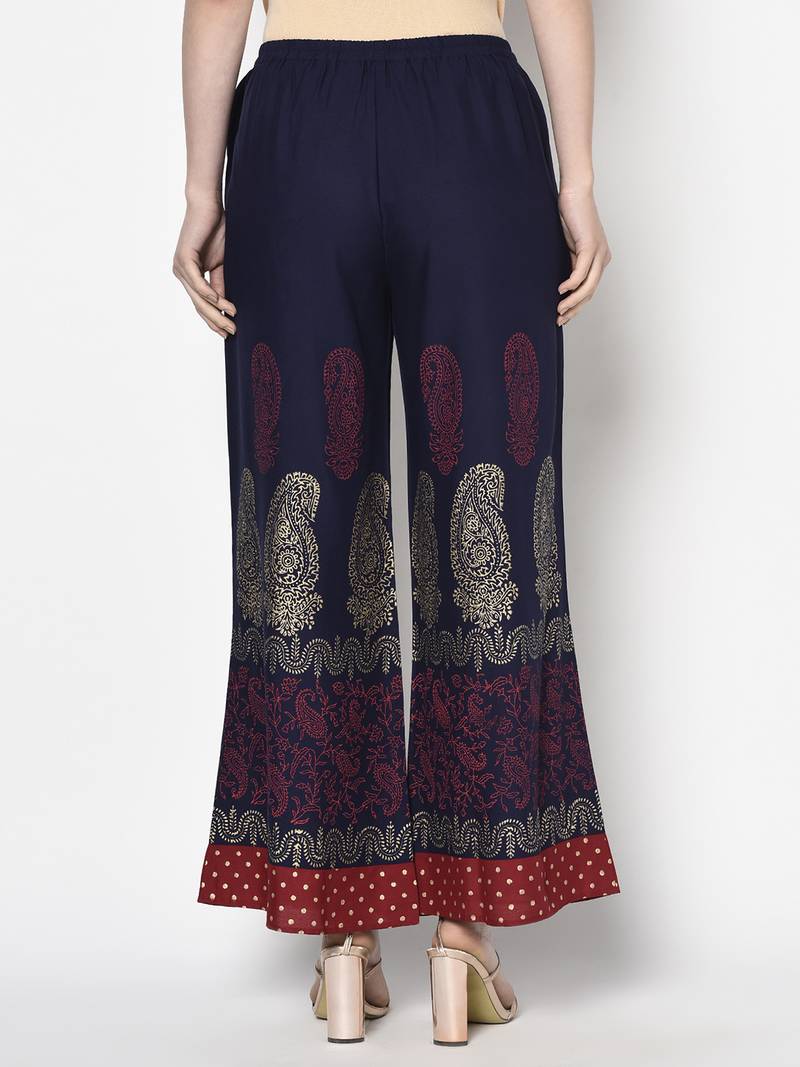 Rayon block print flared slip-on palazzo,navy blue,(s,m,l,xl,2xl,3xl)