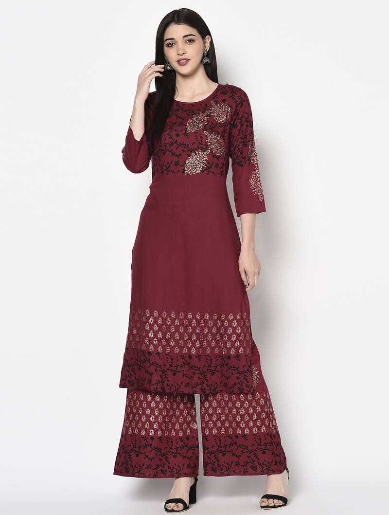 Rayon block print flared slip-on palazzo,maroon,(s,m,l,xl,2xl,3xl)
