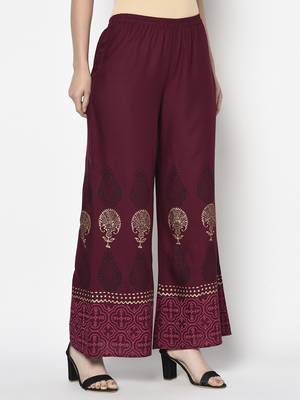 Rayon block print flared slip-on palazzo,wine,(s,m,l,xl,2xl,3xl) 3