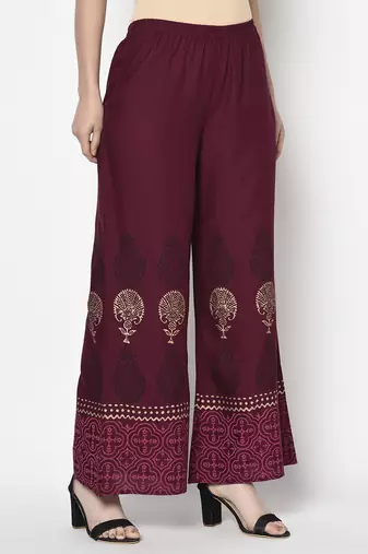 Rayon block print flared slip-on palazzo,wine,(s,m,l,xl,2xl,3xl)