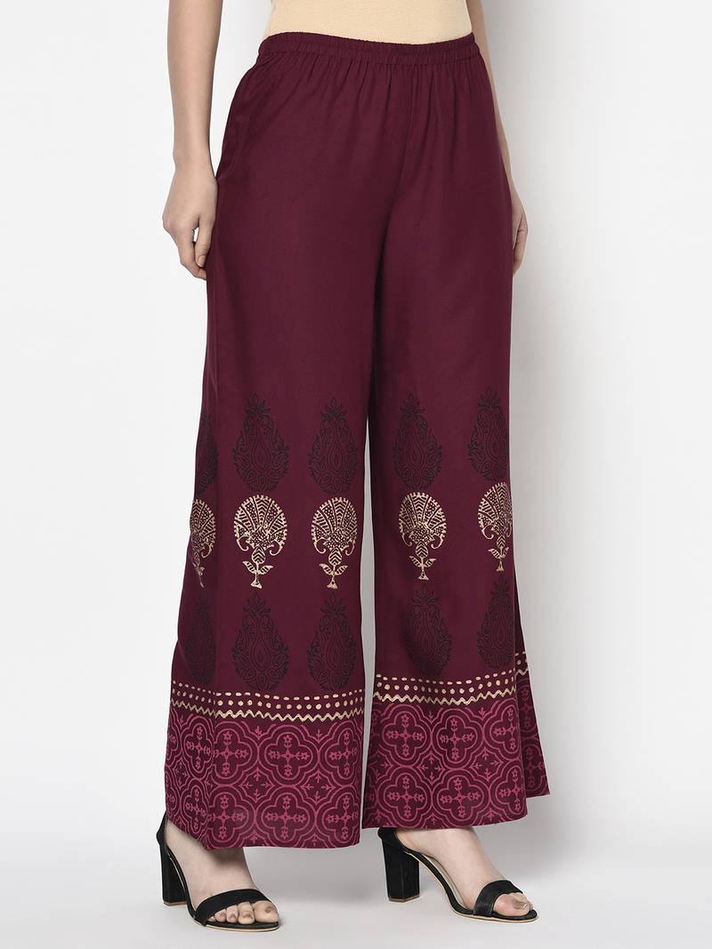 Rayon block print flared slip-on palazzo,wine,(s,m,l,xl,2xl,3xl)