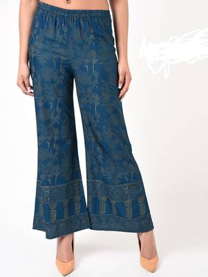 Rayon block print flared palazzo,blue,(s,m,l,xl,2xl,3xl) 1