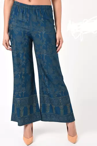 Rayon block print flared palazzo,blue,(s,m,l,xl,2xl,3xl)