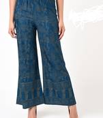 Rayon block print flared palazzo,blue,(s,m,l,xl,2xl,3xl)