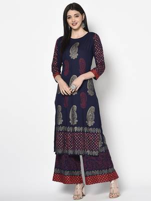 Rayon block print flared slip-on palazzo,navy blue,(s,m,l,xl,2xl,3xl) 5