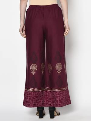Rayon block print flared slip-on palazzo,wine,(s,m,l,xl,2xl,3xl) 4