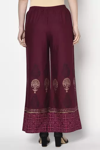Rayon block print flared slip-on palazzo,wine,(s,m,l,xl,2xl,3xl)