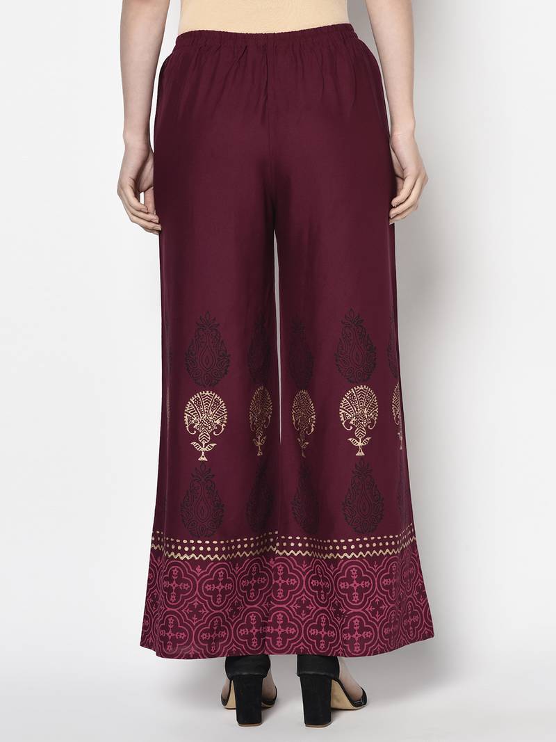 Rayon block print flared slip-on palazzo,wine,(s,m,l,xl,2xl,3xl)