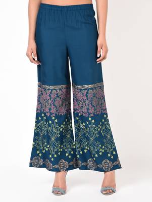 Rayon block print flared palazzo,blue,(s,m,l,xl,2xl,3xl) 1