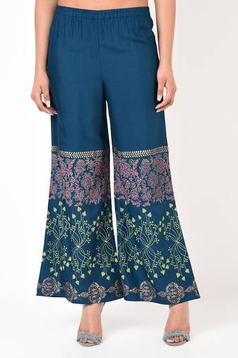 Rayon block print flared palazzo blue