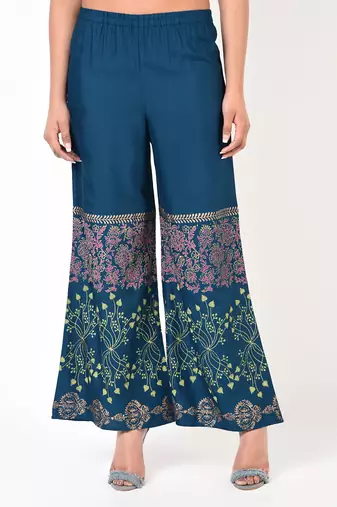 Rayon block print flared palazzo,blue,(s,m,l,xl,2xl,3xl)