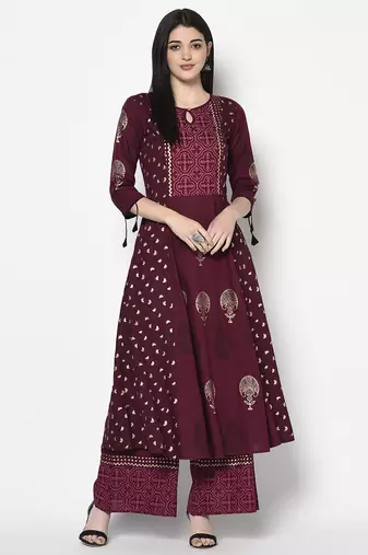 Rayon block print flared slip-on palazzo,wine,(s,m,l,xl,2xl,3xl)