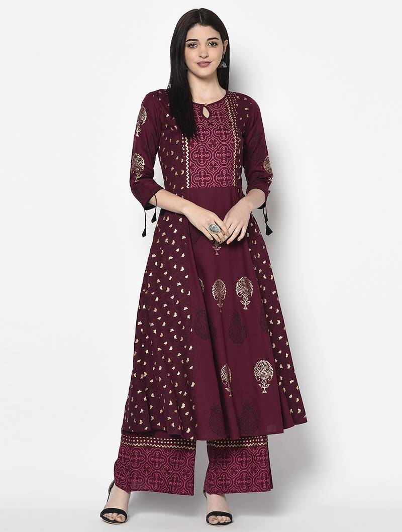 Rayon block print flared slip-on palazzo,wine,(s,m,l,xl,2xl,3xl)