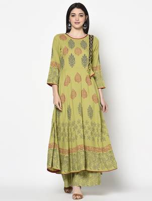 Rayon block print anarkali palazzo set,parrot green,(s,m,l,xl,2xl,3xl) 1