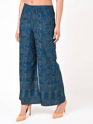 Rayon block print flared palazzo,blue,(s,m,l,xl,2xl,3xl) 2