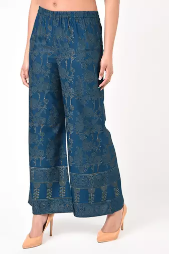 Rayon block print flared palazzo,blue,(s,m,l,xl,2xl,3xl)