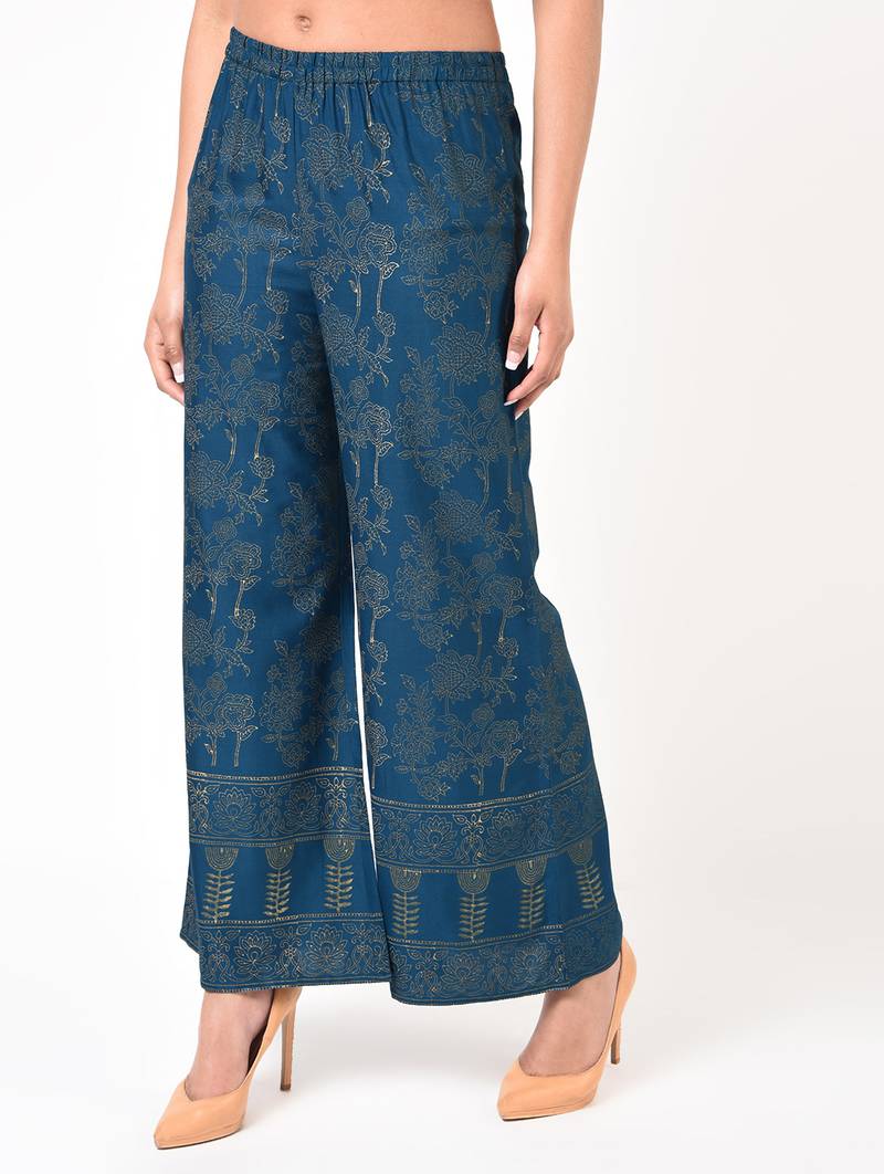 Rayon block print flared palazzo,blue,(s,m,l,xl,2xl,3xl)