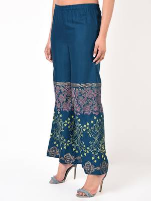 Rayon block print flared palazzo,blue,(s,m,l,xl,2xl,3xl) 2