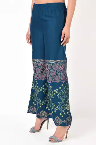 Rayon block print flared palazzo,blue,(s,m,l,xl,2xl,3xl)