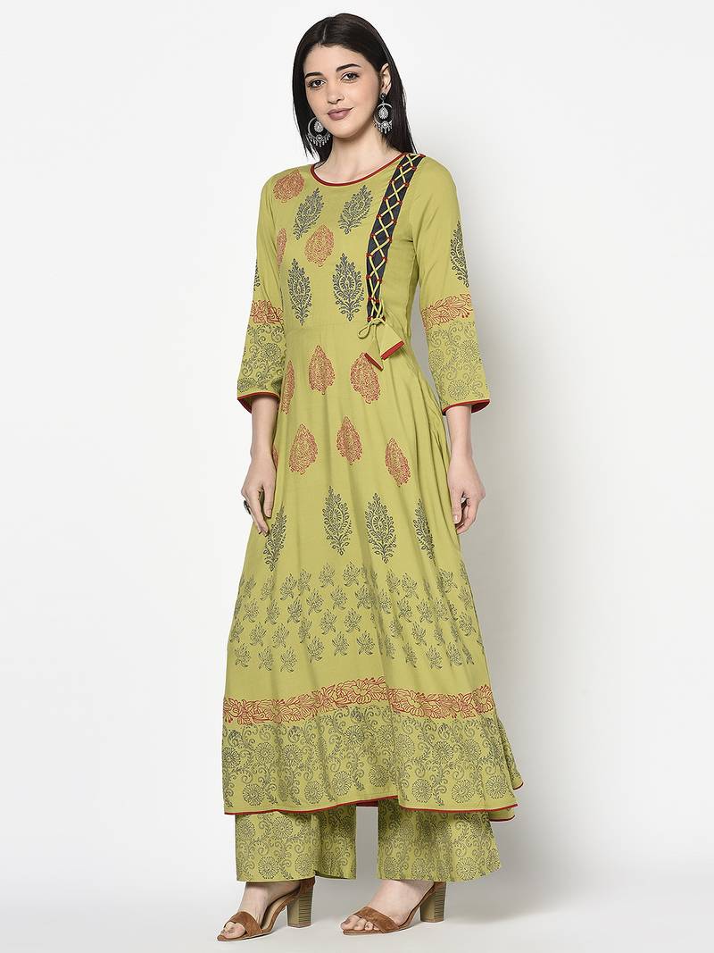 Rayon block print anarkali palazzo set,parrot green,(s,m,l,xl,2xl,3xl)