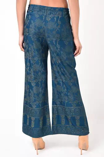 Rayon block print flared palazzo,blue,(s,m,l,xl,2xl,3xl)