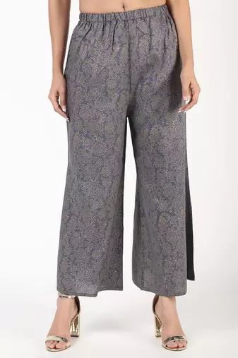 Rayon gold print flared palazzo,grey,(s,m,l,xl,2xl,3xl)