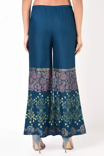 Rayon block print flared palazzo,blue,(s,m,l,xl,2xl,3xl)