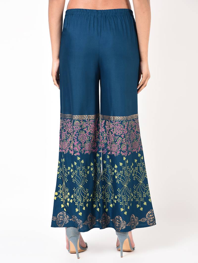Rayon block print flared palazzo,blue,(s,m,l,xl,2xl,3xl)